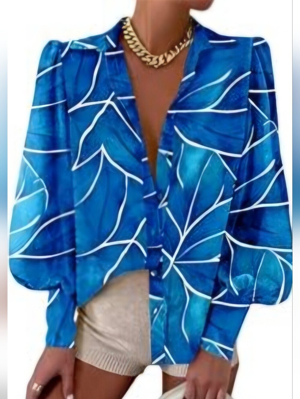 Blue Printed Button-Up Women’s Blouse